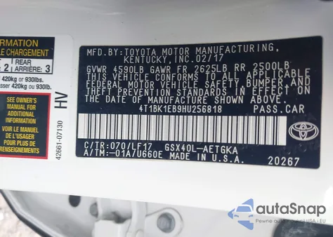 2017 Toyota Avalon Xle Premium из США, поврежденный, VIN 4T1BK1EB9HU256818